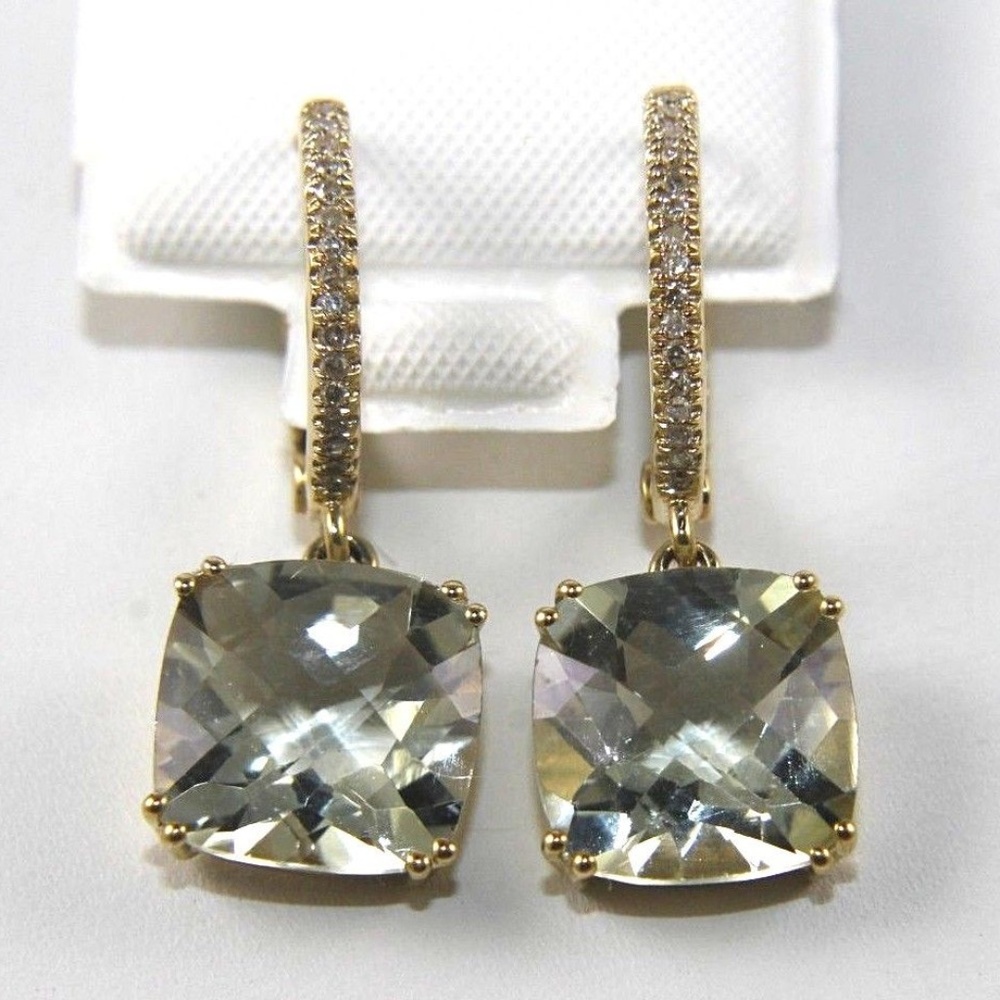 Green Amethyst & Diamond Earrings 14K YG 7.30C